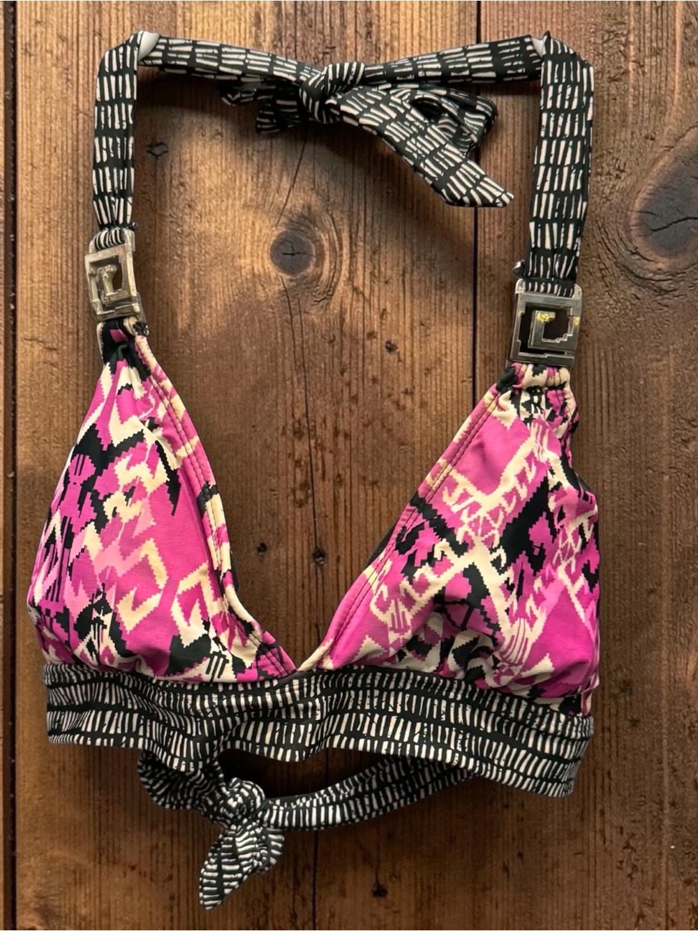 CATALINA Pink Black Patterned Halter Bikini Top MEDIUM